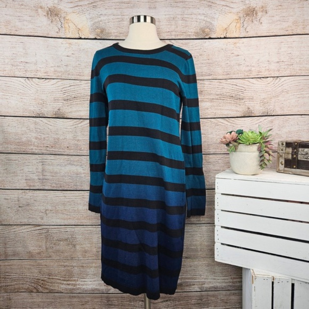 Lennie for Nina Leonard Striped Sweater Dress Teal Blueβ Black Small